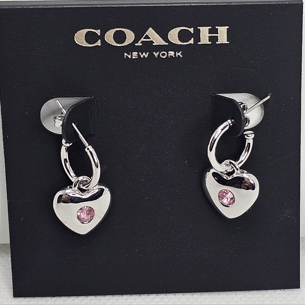 Coach Silver Tone Huggie Dangle Heart Earrings with Pink Crystals New With Tags